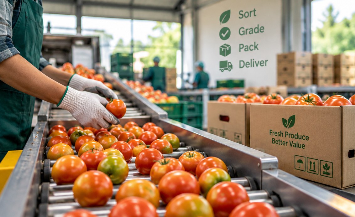 Grading and sorting tomatoes on a packhouse conveyor — sort, grade, pack, deliver
