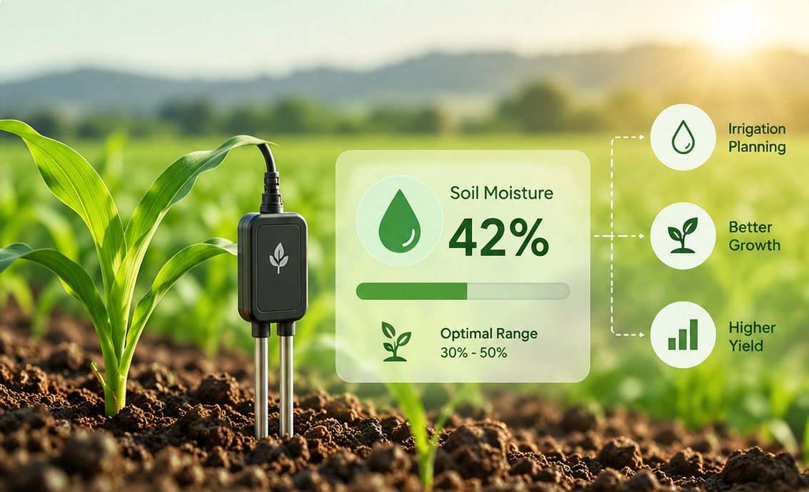 Soil moisture sensor reading 42% — irrigation planning, better growth, higher yield