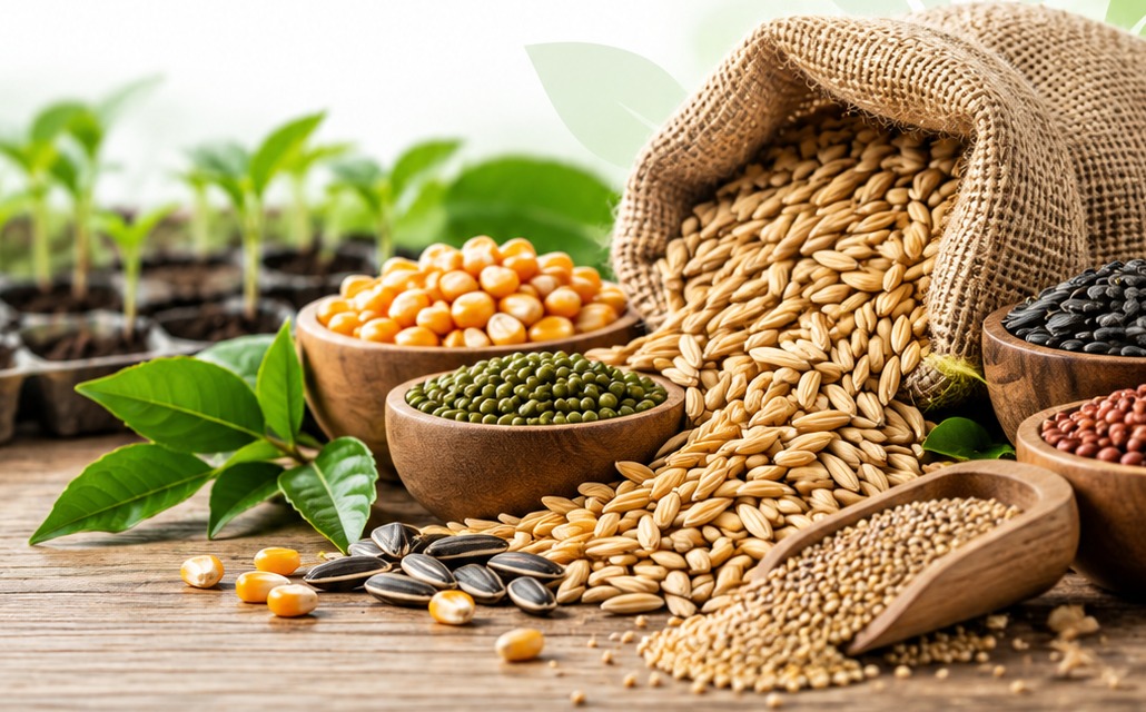 Certified seeds — corn, mung beans, paddy grains, black beans and red beans in bowls