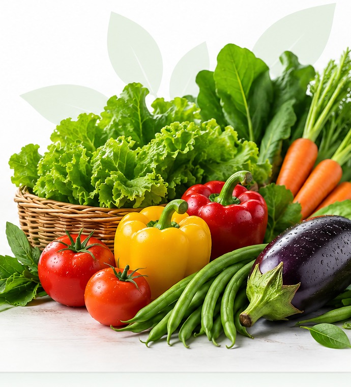 Fresh greens and vegetables — lettuce, peppers, tomatoes, carrots, eggplant and beans