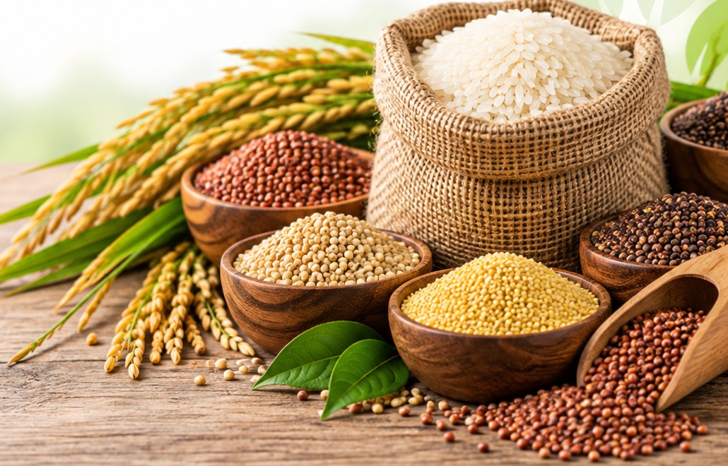 Traditional rice and millets — rice sack, red millet, foxtail millet and finger millet in wooden bowls