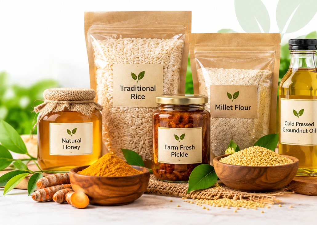 Value-added foods — natural honey, traditional rice, farm fresh pickle, millet flour and cold pressed groundnut oil